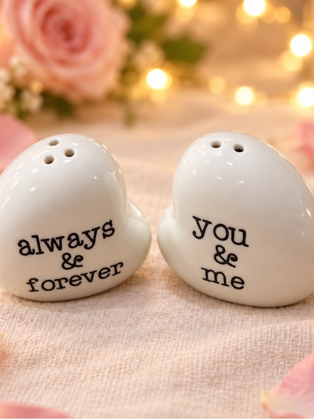 Cracker Barrel Mini White Heart Salt & Pepper Shakers with Black Text
